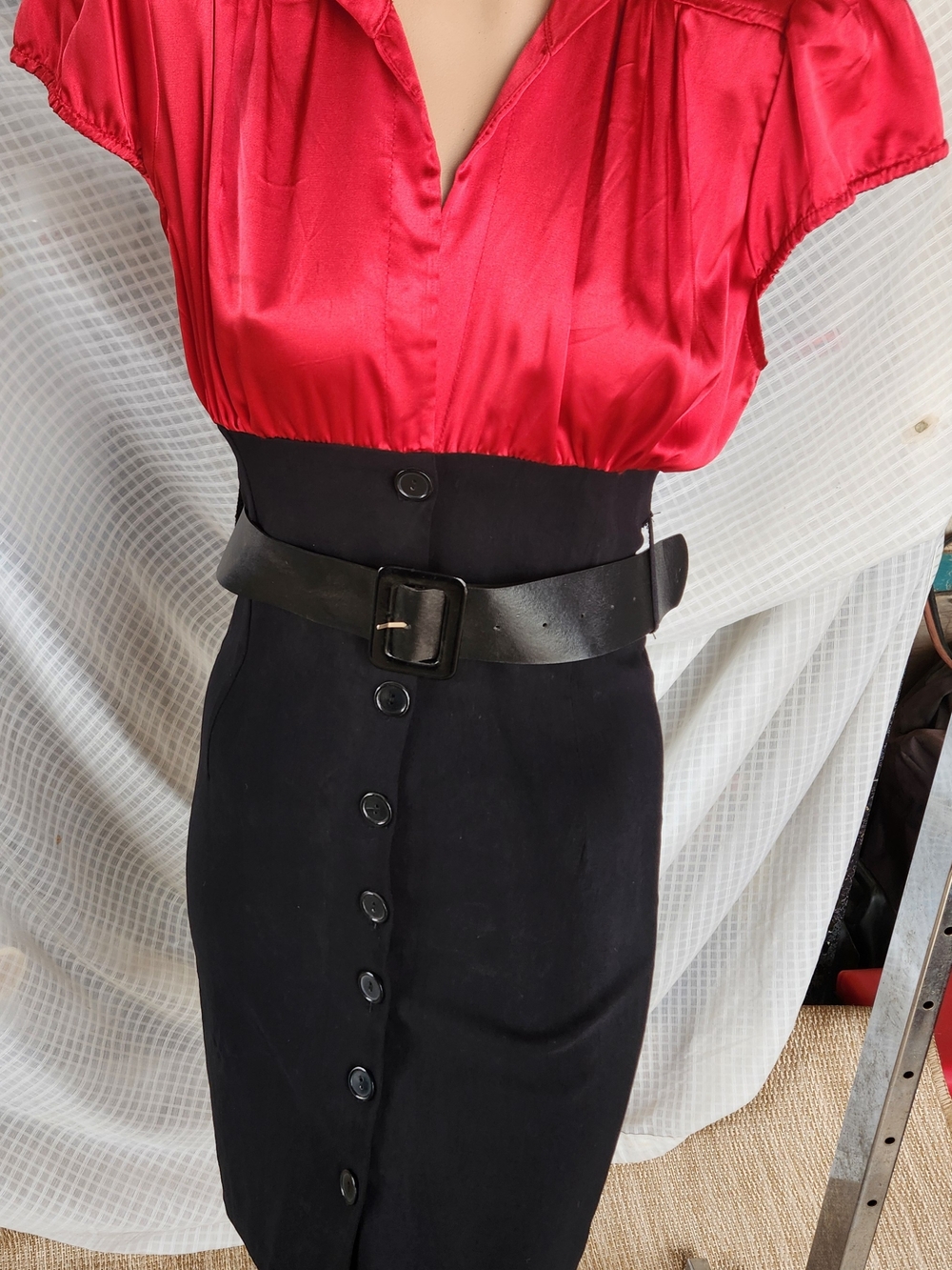 Red Satin Mini Dress with Black Button Skirt and Belt